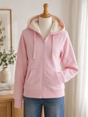 Faded Glory Pink Sherpa Lined Hoodie Medium Cozy Full Zip Jacket